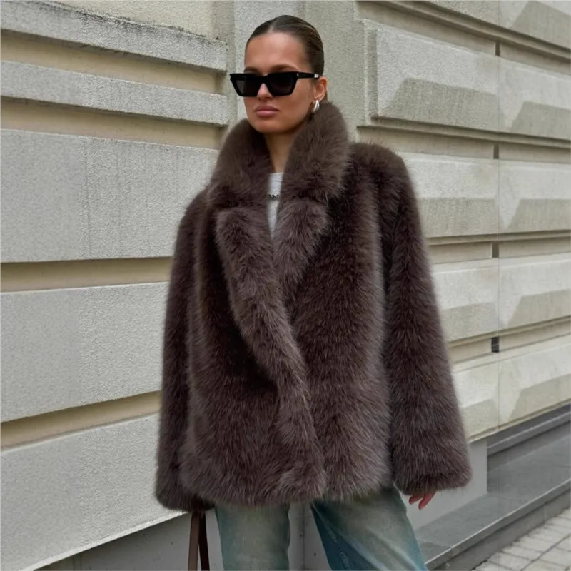 

Mid-length artificial fur suit collar brown mixed coat women's