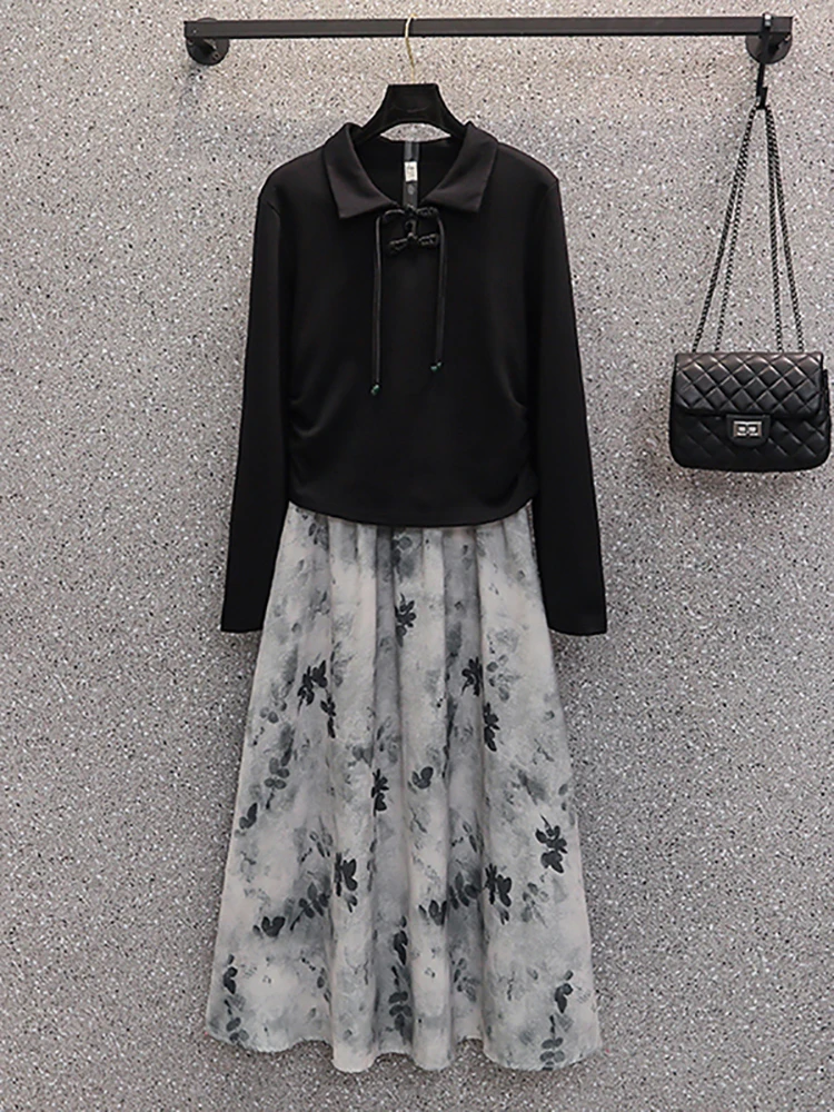 Women Autumn Winter Black Long Sleeve Polo Collar Pullovers+Floral Half Length Skirt Two Piece Sets 2024 Korean Elegant Suits