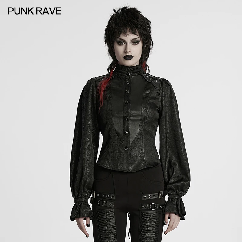 PUNK RAVE Women's Gothic Patterned Stand Up Collar Shirt Bubble Sleeve Design Adjustment Strap Tighten Waist Women Tops