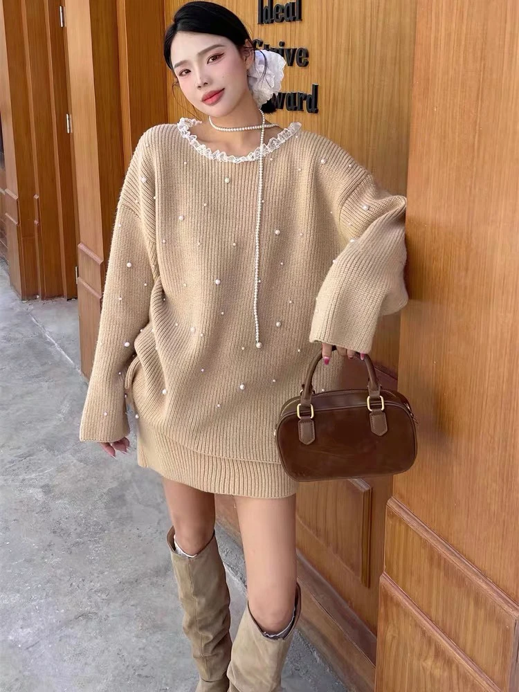 

Вязаные комплекты из двух предметов с бисером, женские свободные кружевные лоскутные шикарные свитера с длинными рукавами, осенняя милая однотонная облегающая мини-юбка с высокой талией