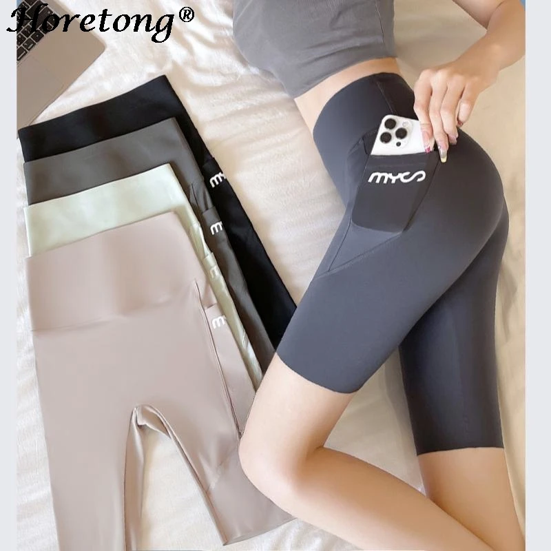 Horetong Women Sports Shorts With Pocket High Waist Fitness Casual Streetwear Short Trousers Female Tight Shorts Workout Pants