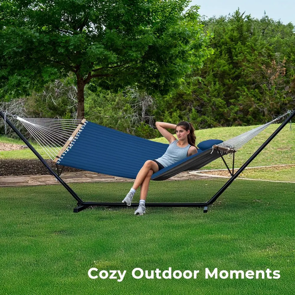 

Hammock with Stand, 2 Person Quilted Outdoor Hammock, Detachable Pillow amp Bamboo Spreaders, Portable Hammock with Carrying Ba