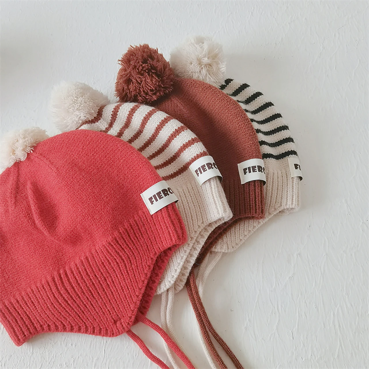 Mode Gestreiften Kinder Ohr Schutz Hut Einfarbig Woolen Stricken Hut 2-6Year Kinder Winter Warme Pullover Kappe Plüsch Ball mützen – Detail 3