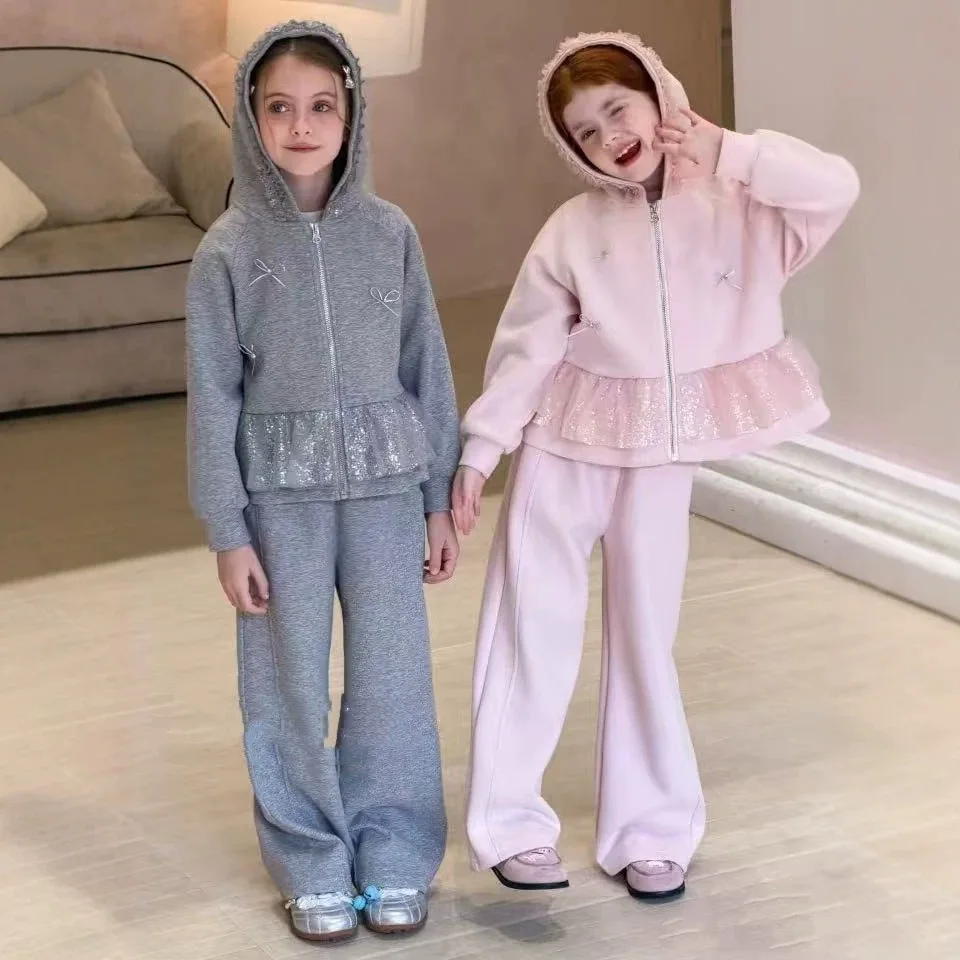 Girls' Set Sequin Hooded Zipper Cardigan Extended Version 2026 Spring and Autumn Collection New Item