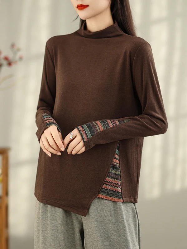 

Женская художественная осенне-зимняя футболка с длинным рукавом, в стиле пэчворк, из австралийской овечьей шерсти, с высоким воротником, винтажная, этническая, базовая