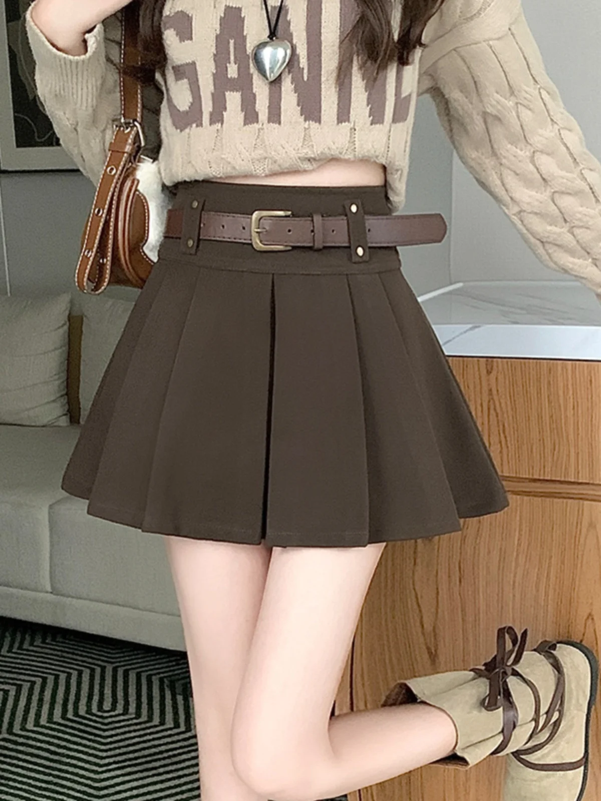 

Khaki Woolen Plaid A-Line Skirt Women's Winter New High Waist Anti-Light ort Skirt Ci Commute Casual Loose Fit