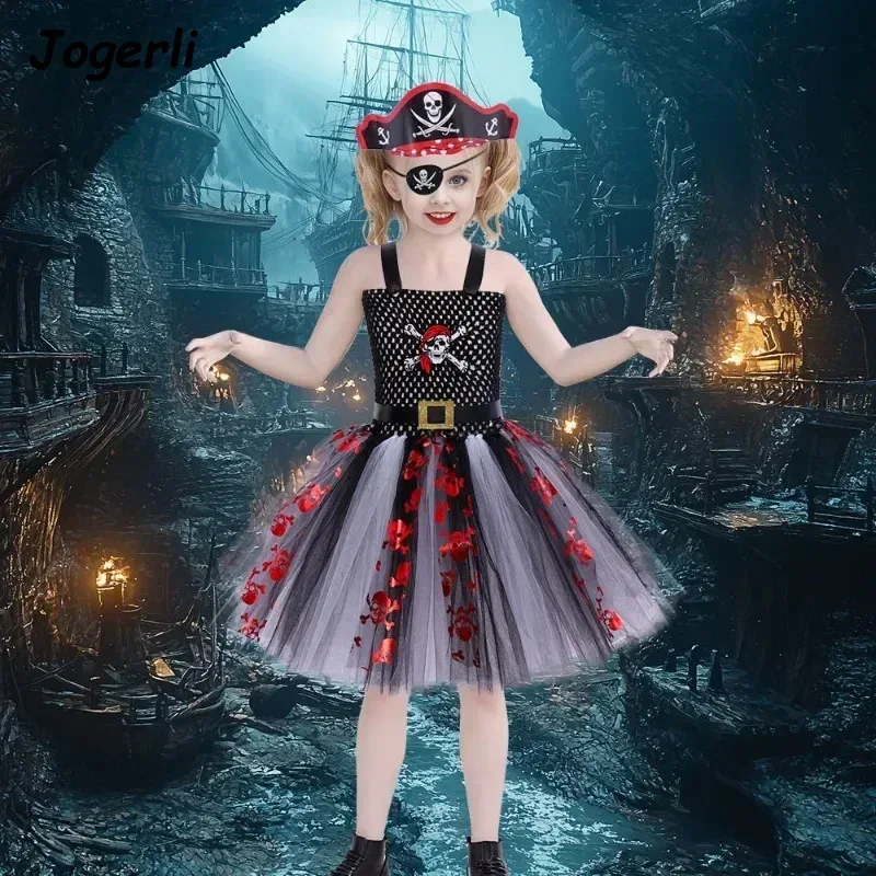Jogerli 어린이 할로윈 해적 메쉬 키즈 소녀 코스프레 의상 캐리비안 코스 천 모자 마스크c;6,r'8;p'