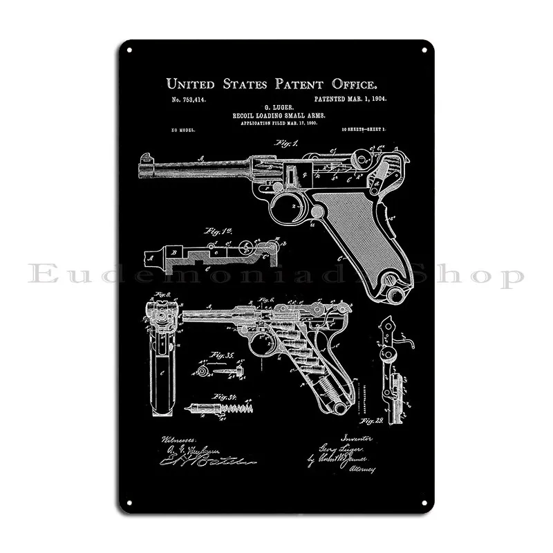 1904 Luger Pistol Patent Prin Recoil Loading Firearm Metal Sign Printing Garage Decoration Club Bar Bar Retro Tin Sign Poster