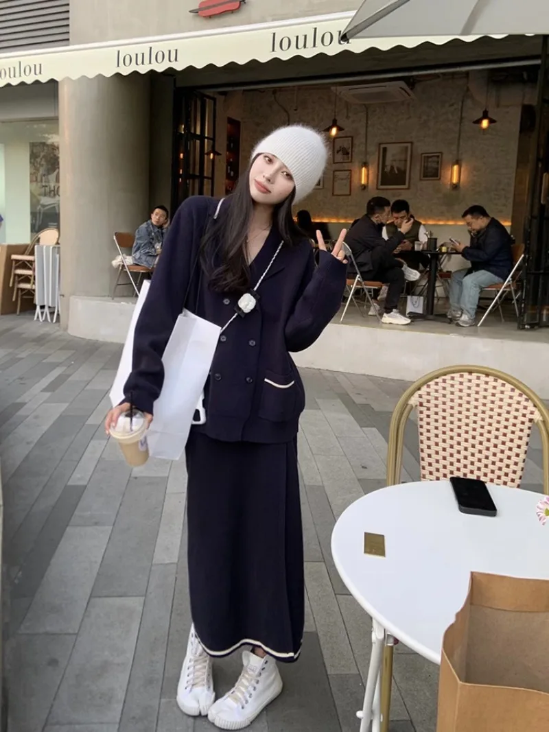 

Korean Fashion Lazy Style Loose Knit Cardigan Women's Winter High Waist Slimming Half Skirt Two-piece Set Female Clothing