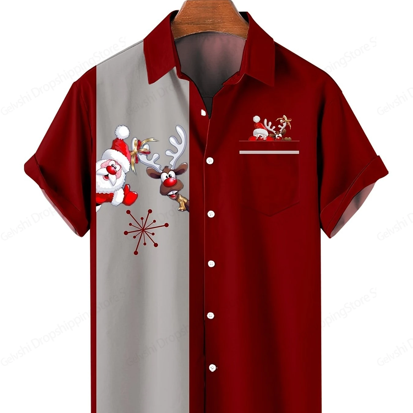 Santa Claus Hawaiian Shirt Pocket Christmas Elegant Print Shirt Men Women Fashion Short Sleeve Hawaiian Shirt Beach Blouse Elk