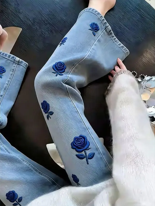 

Romantic High Waist Bell Bottom Denim Jeans Blue Rose Embroidery Loose Covering Meat Vintage Sexy Straight Leg Trousers
