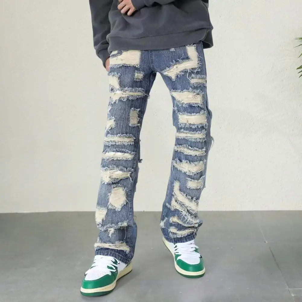 Deform-resistant Men Jeans Vintage Distressed Men's Denim Jeans with Deep Pockets High Street Style Straight-leg Trousers for A