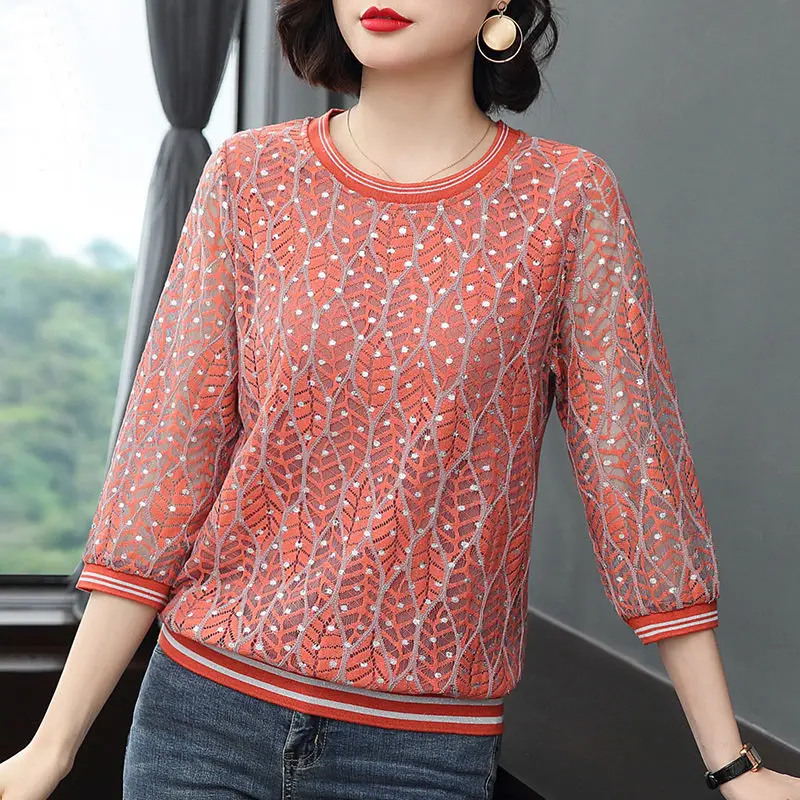 Women\'s Clothing Stylish Lace Spliced Blouse Casual O-Neck Spring Summer 3/4 Sleeve Loose Commute Korean Polka Dot Printed Shirt