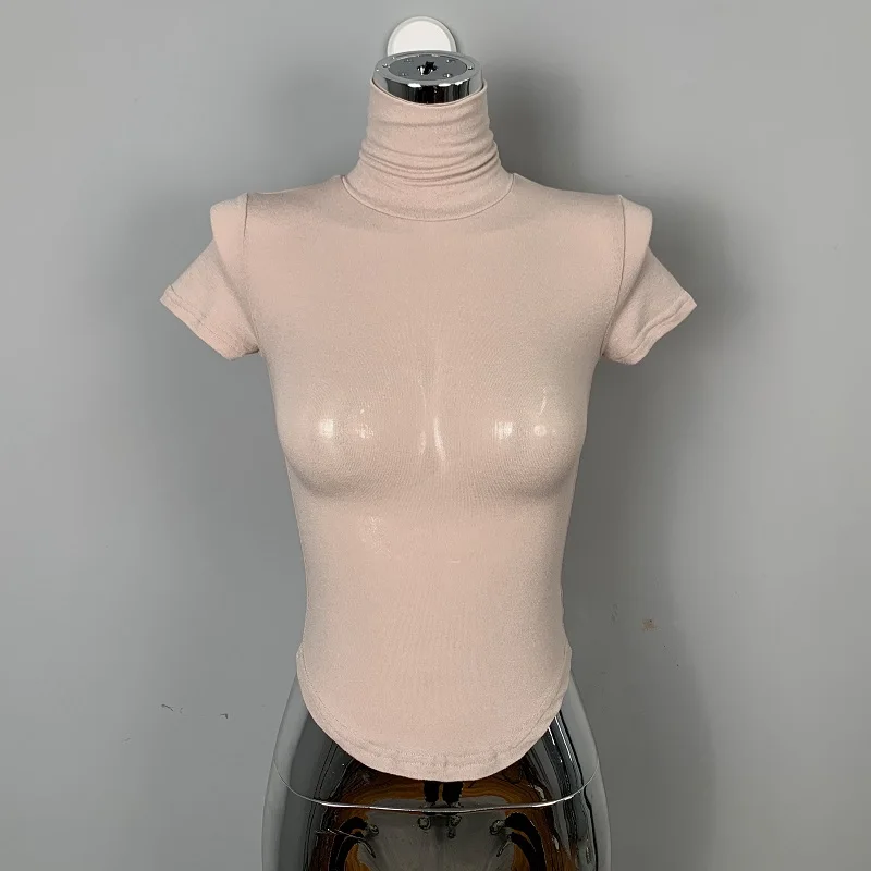 Korean Spring Summer 2026 Short Sleeve Turtleneck T-shirt Women Slim Elastic Solid Trendy Base Layer Tee Sexy Thin Crop Top