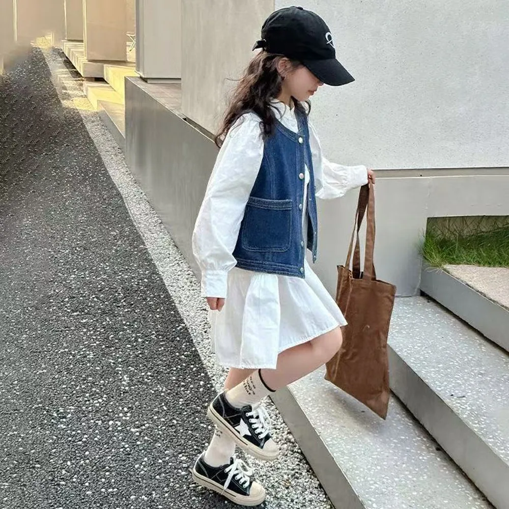 

Baby Girl Dress Spring and Autumn Outfit Set 2026 New Children's Denim Vest+dress Two-piece Set Kids Outfits