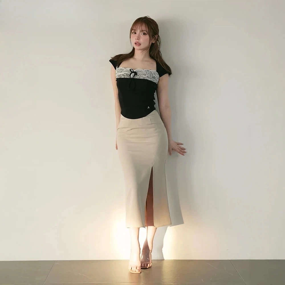 日本風レースパッチワークスリムフィット半袖Tシャツ＋ハーフスカートセット　おしゃれなツーピースセット　レディース夏服