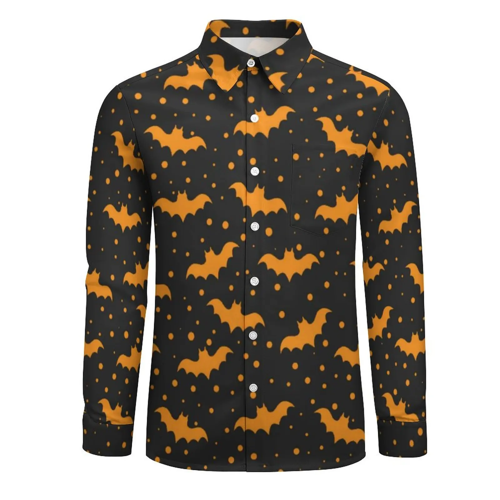 Orange Bats Print Casual Shirt Men Black Halloween Streetwear Shirt Autumn Retro Blouse Long Sleeve Pattern Oversized Clothes