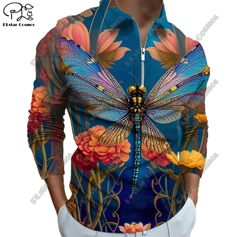 3D printing animal series dragonfly butterfly rose mushroom pattern printed long-sleeved zipper polo shirt casual sports unisex