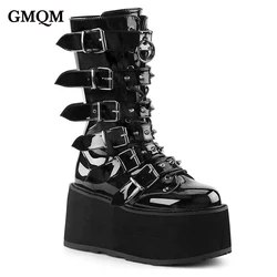 GMQM New Platform Fashion Women‘s Mid-Calf Boots Patent Pu Ruond Toe Black Gothic Punk Style Metal Decoration Thick Sole Boots