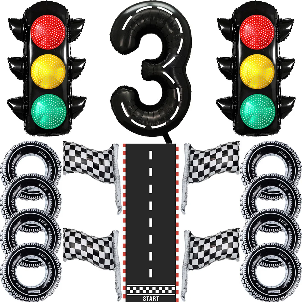 Racing Birthday Balloon Decoration Traffic Light Flag Tire Foil Balloon 40inch 3 Number Balloon for Kids Race Car Party Supplies