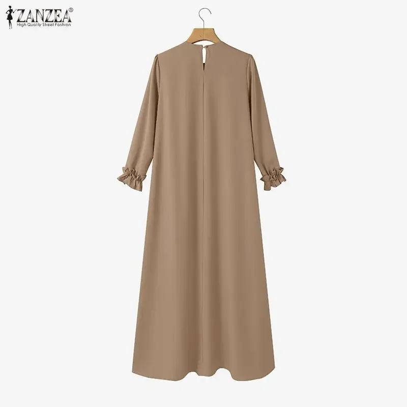 ZANZEA Damskie Sukienki Wiosna 2026 z Dekoltem O i Długim Rękawem Elegancka Muzułmańska Abaja Sukienka Ramadanowa Stylowa Sukienka Maxi z Falbanami Kaftan