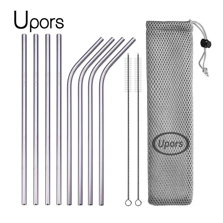 Upors Herbruikbare Rietje 304 Rvs Rietjes Rechte Gebogen Metalen Stro Met Cleaner Brush Pouch Groothandel