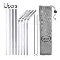 UPORS Reusable Drinking Straw 304 Stainless Steel Straws Straight Bent Metal Straw with Cleaner Brush Pouch Wholesale