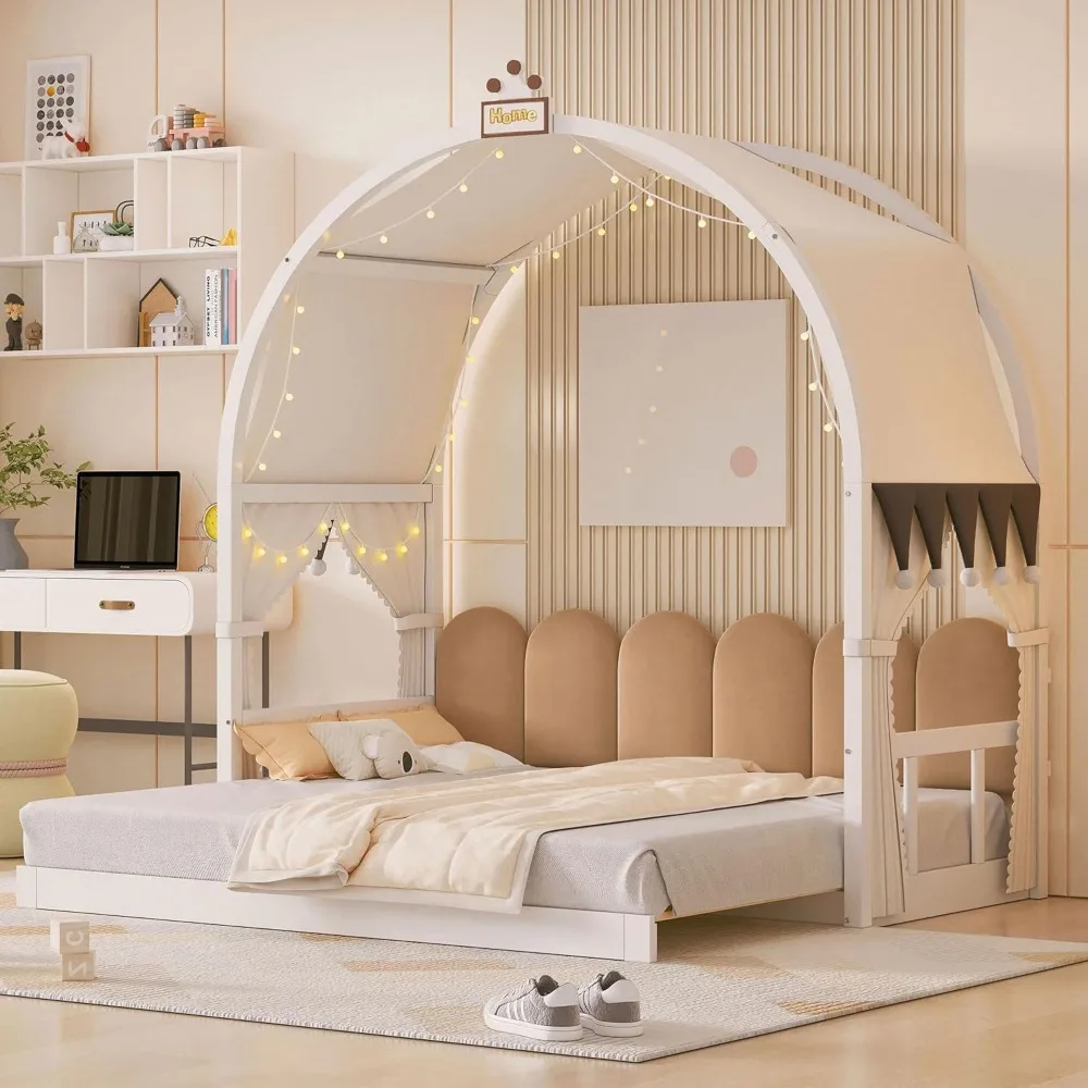 Floor Bed with Light and Curtain Twin to 2 Twin, Wood House Bed Frame with Arched Roof and Trundle, Extending Kids Beds