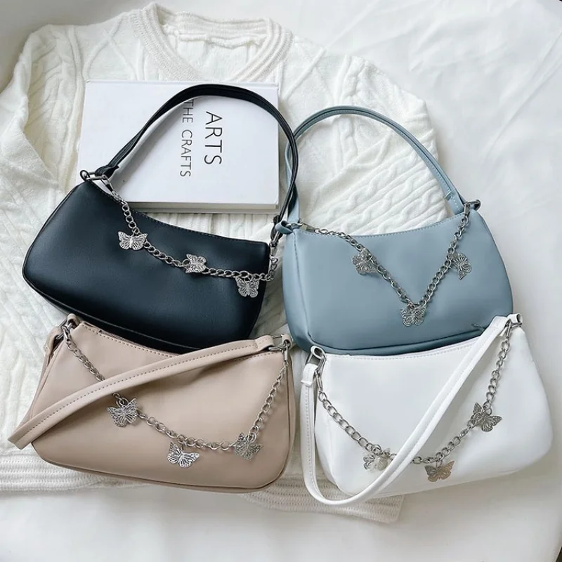 Fashion Women Butterfly Chain Travel Shoulder Bags Female PU Leather Shopping Underarm Bags Pure Color Small Purses and Handbags