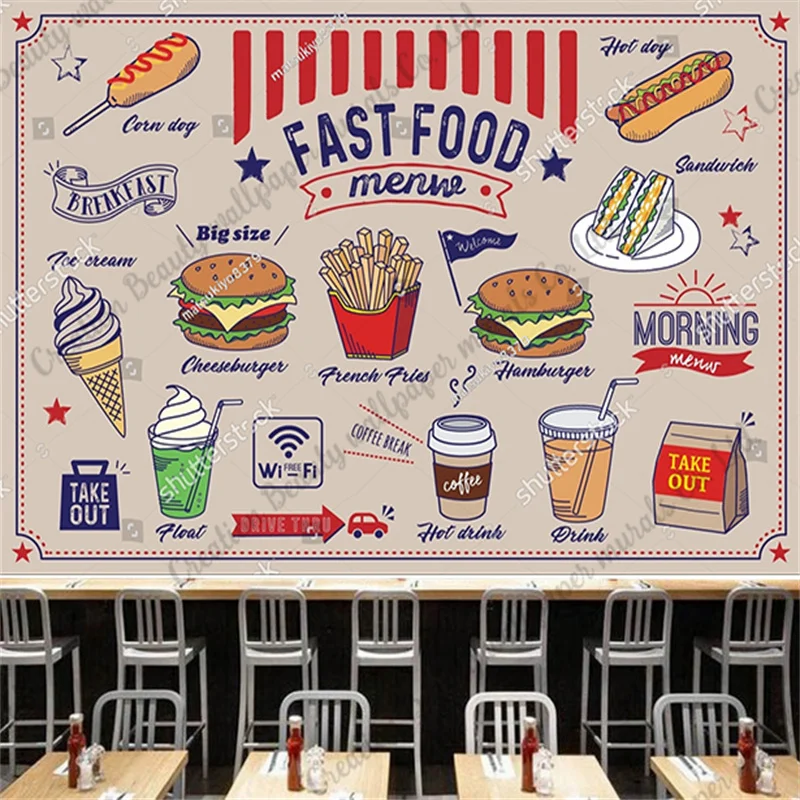 

Custom Hand-painted Burger Fast Food Wallpaper Industrial Decor Mural Restaurant Snack Bar Background Wall Paper Papel Tapiz