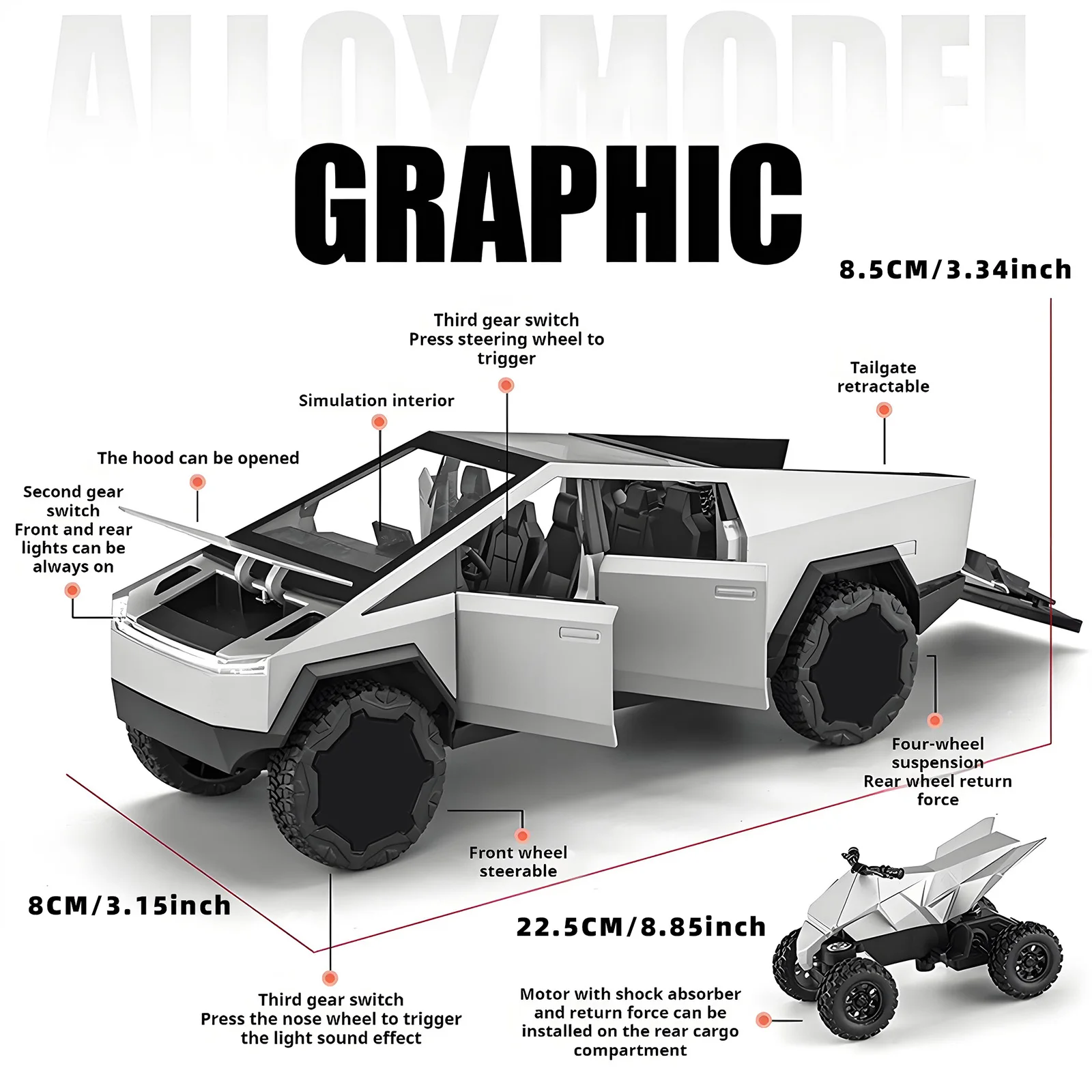 Camions jouets en métal moulé sous pression, modèle de voiture avec moto en alliage, jouet de ramassage avec lumière et son pour enfants de 6 ans et plus, 1/24