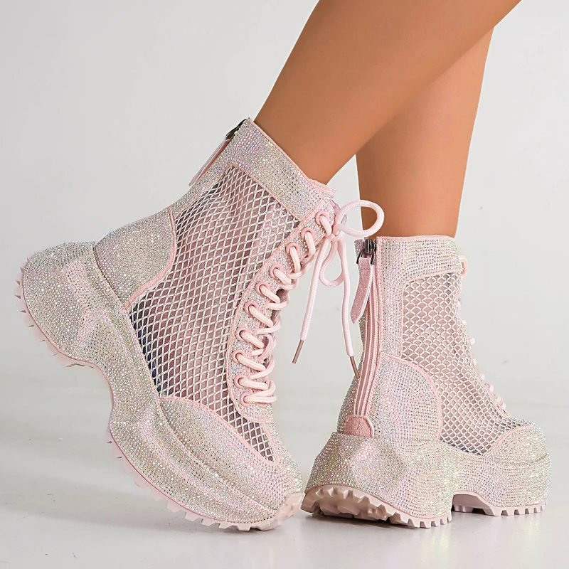 

High-quality Thick-soled Round-top Lace-up Back Zipper Full-diamond Mesh Women's Comfortable, Slip-resistant, Breathable Sandals