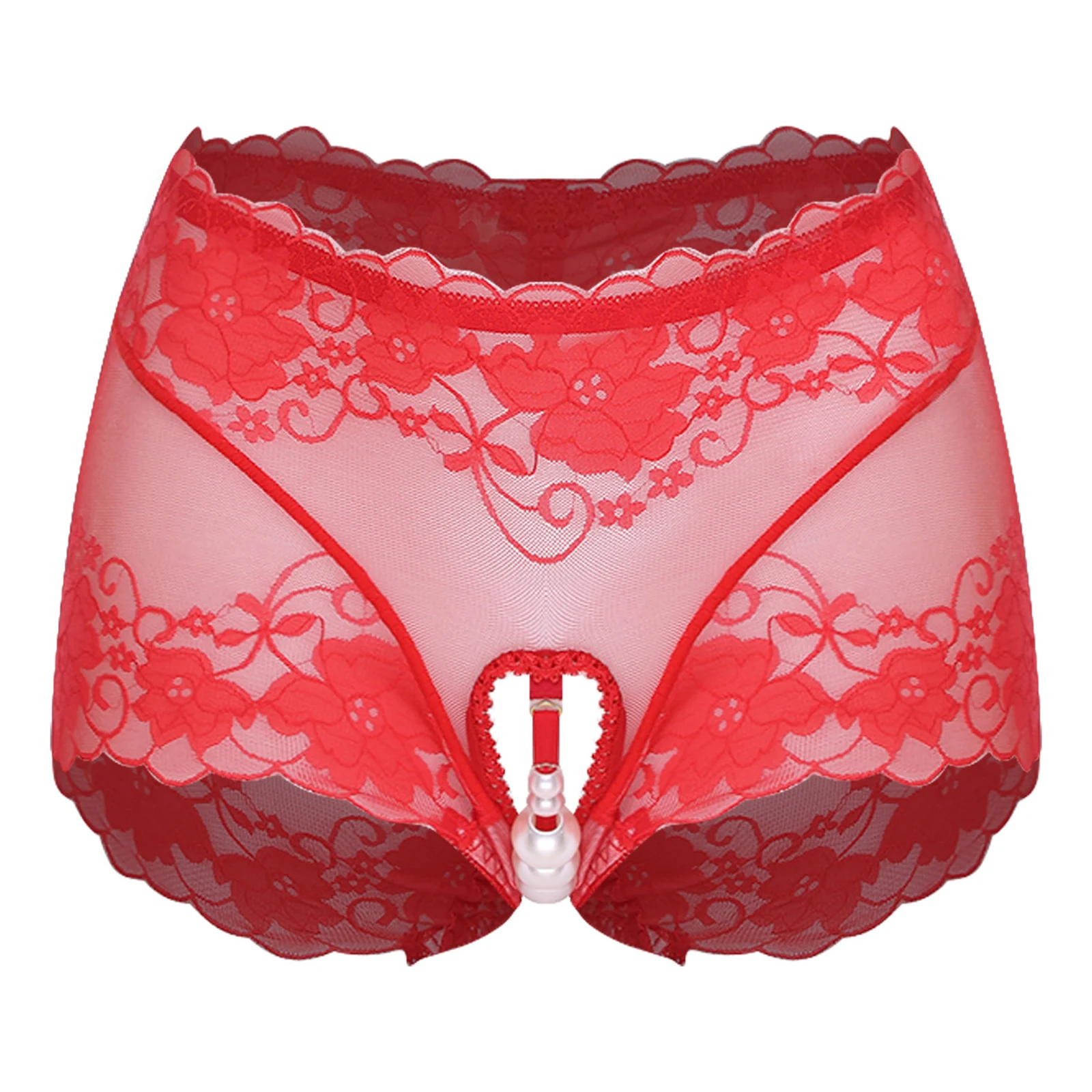 

Women Lingerie Lace Panties with Faux Pearls Crotch See Through Floral Lace Cutout Briefs for Honeymoon Dating Flirting Briefs