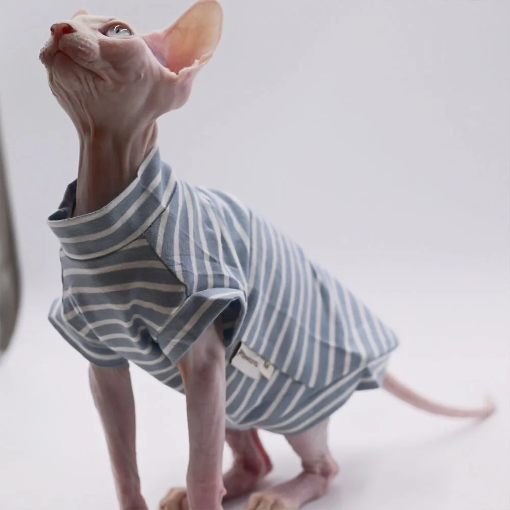 Soft pet T-shirt for Sphynx Cat Clothing in Spring Warm Fleece Striped Jumpsuit for Kittens Dogs short sleeves Shirt Devon Rex