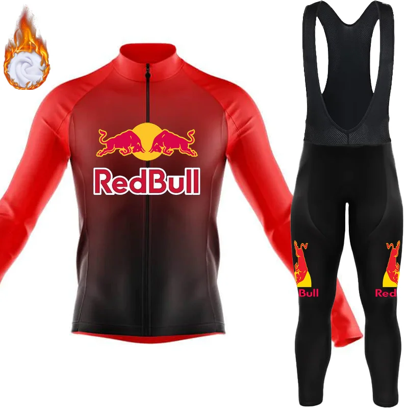 Men\'s Cycling Clothing Thermal Fleece Jersey Red Bull Man Pro Team 2024 Sports Wear Mtb Costume Bike Winter Set Uniform Jacket