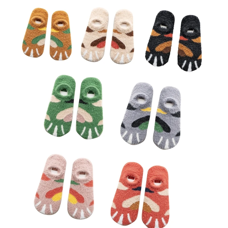 Women Winter Warm Fuzzy Low Cut Short Boat Socks Colorful Cartoon Animal Paw Printed Thick Furry Plush Mohair Sleeping Slipper