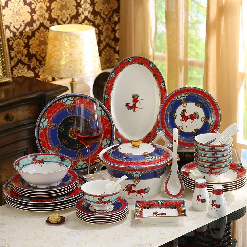 58pcs Dinnerware Set and Coffee Set Dishes Bowl Spoon and Plates Kitchen Utensils Porcelain Dinner Set Western Ceramic Support