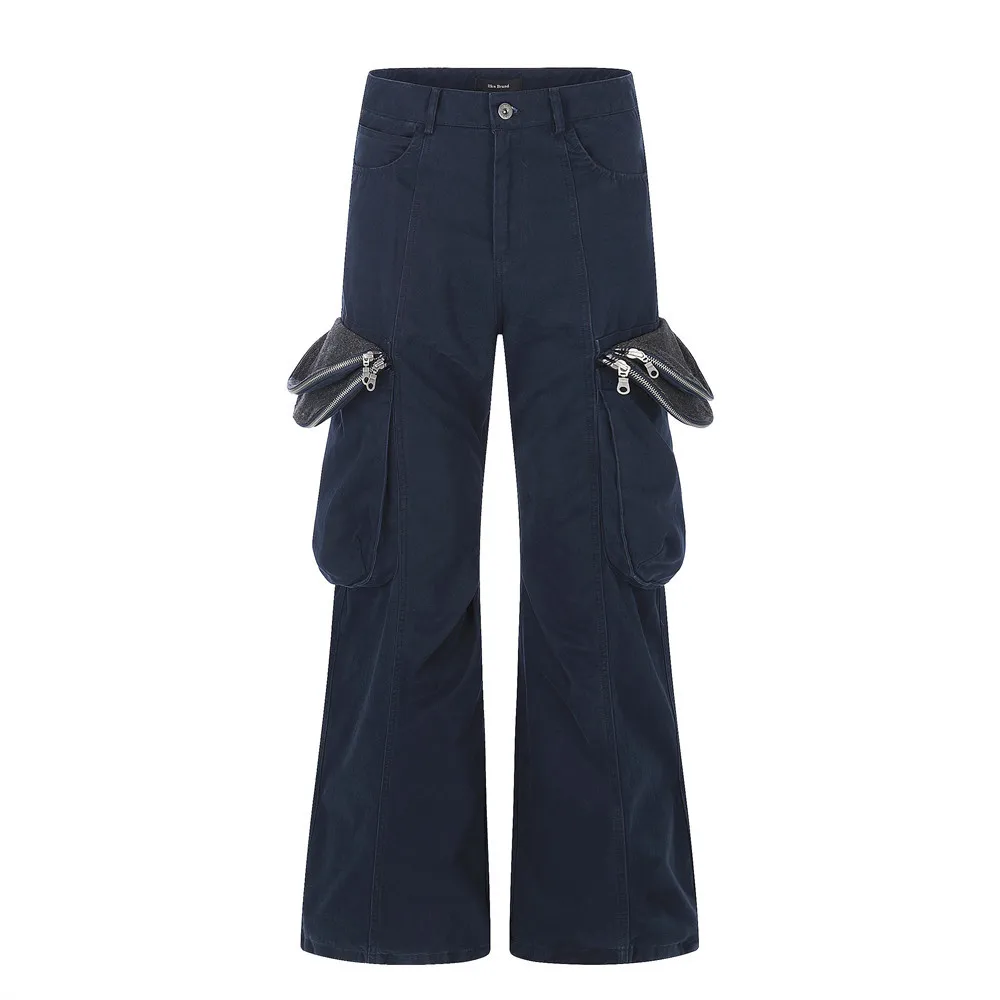 High Street Fashion Brand 3D Big Pockets Zippers Design Cargo Pants Casual American Style All-Match Full Length Flare Pants