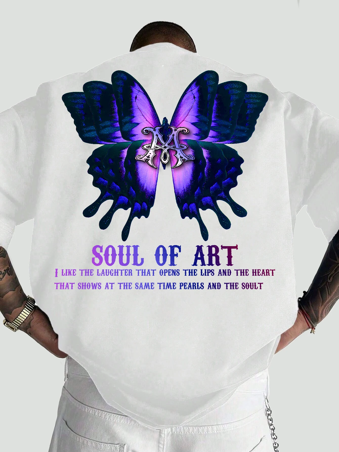 Men Oversized T-Shirt Gradient Drip Butterfly Monogram Soul Of Art Letter Quote Back Print Y2K Streetwear Loose Tee