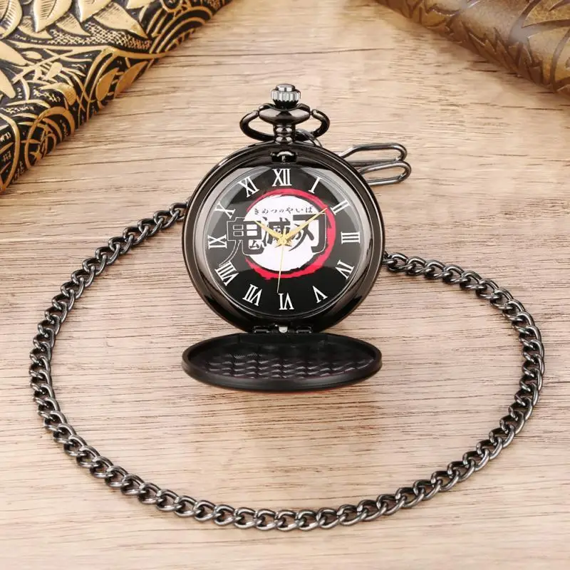 Japan Anime Cosplay Demon Slayer Art Black Old Fashion Quartz Clock Watches Antique Steampunk Necklace Chain Comics Pocket Watch