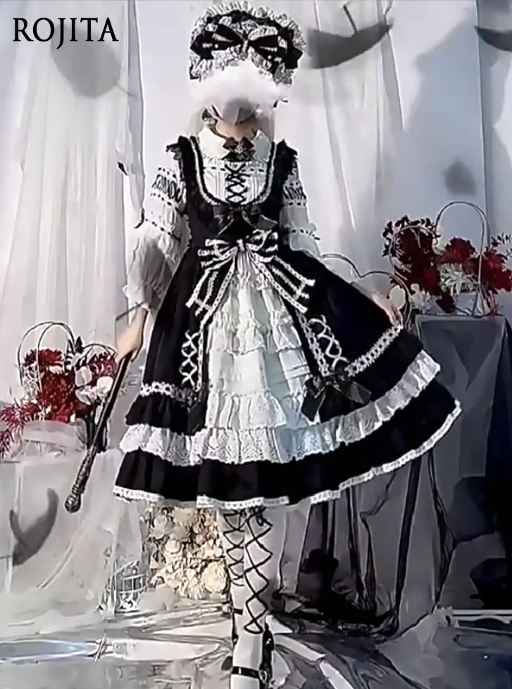 

Lolita Original JSK Dress Doll Feel Vintage Lolita Black Sleeveless Dress Lace Patchwork Bow Slim A-line Dress for Women