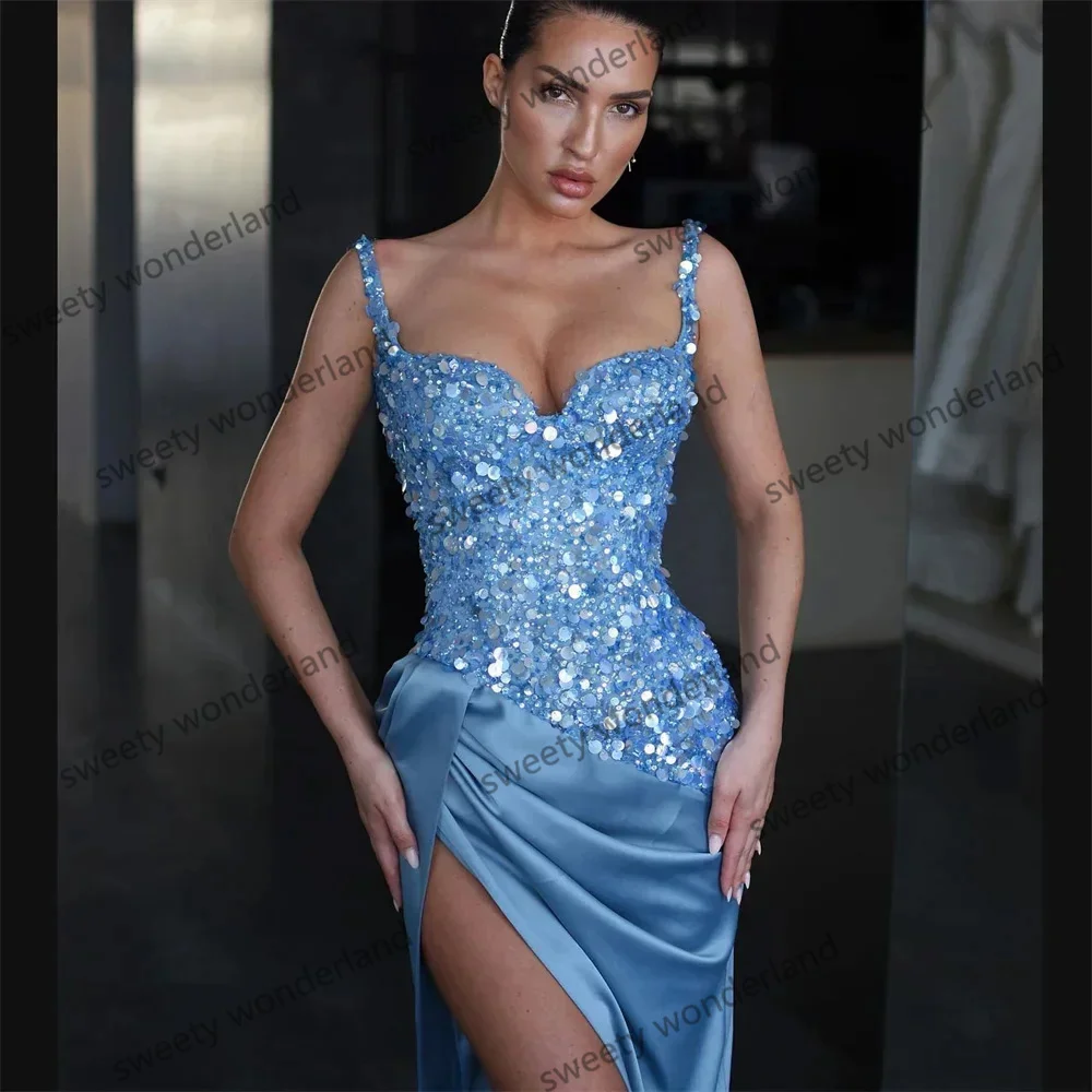 Blue Prom Dresses Women Sequins Side Slit Maxi Gown Customized Satin Wedding Party Dress Shiny bestidos de gala