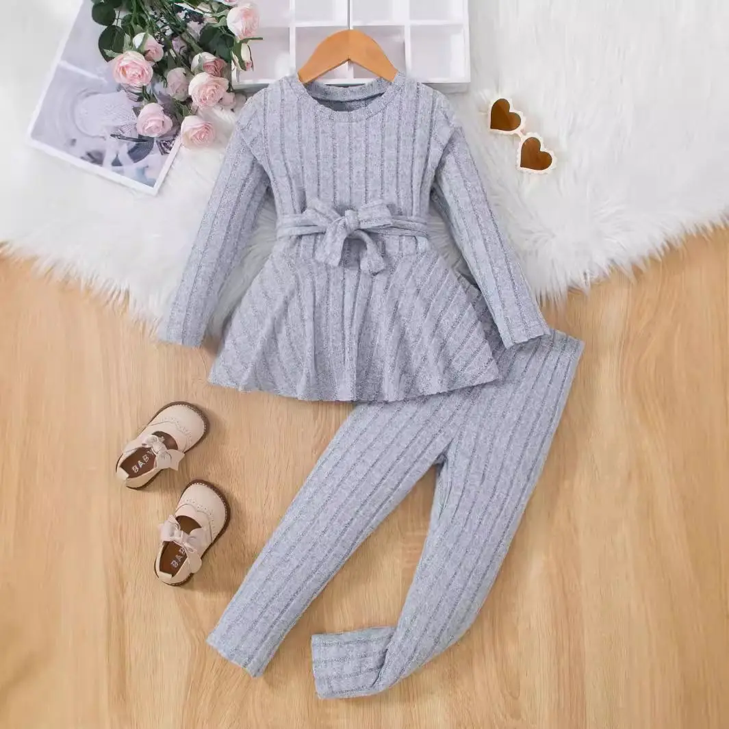 Casual Outdoor Sports SuitTwo Piece Spring And Autumn Style Girls Long Sleeved Round Neck Skirt Pants Solid Color