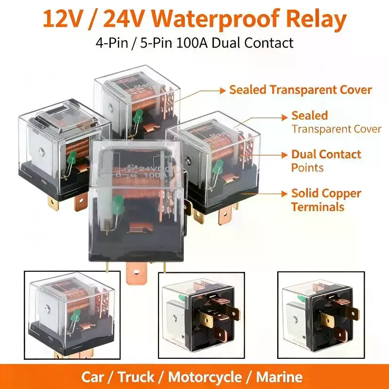 1pcs Waterproof Automotive Relay 12V 100A 5Pin SPDT Car Control Device Relays DC 24V High Capacity Switching