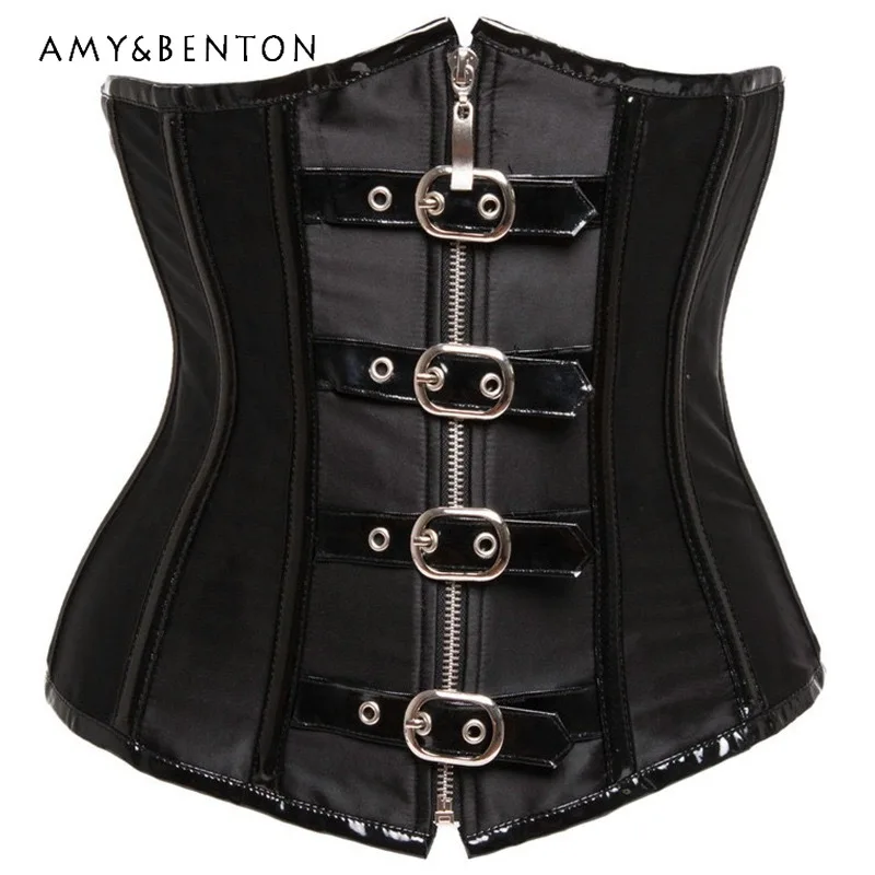

Gothic Dark Hot Girl Shiny Leather Metal Buckle Women's Tube Top Punk Design Sexy Drawstring Fishbone Waist Cincher Vest Ladies