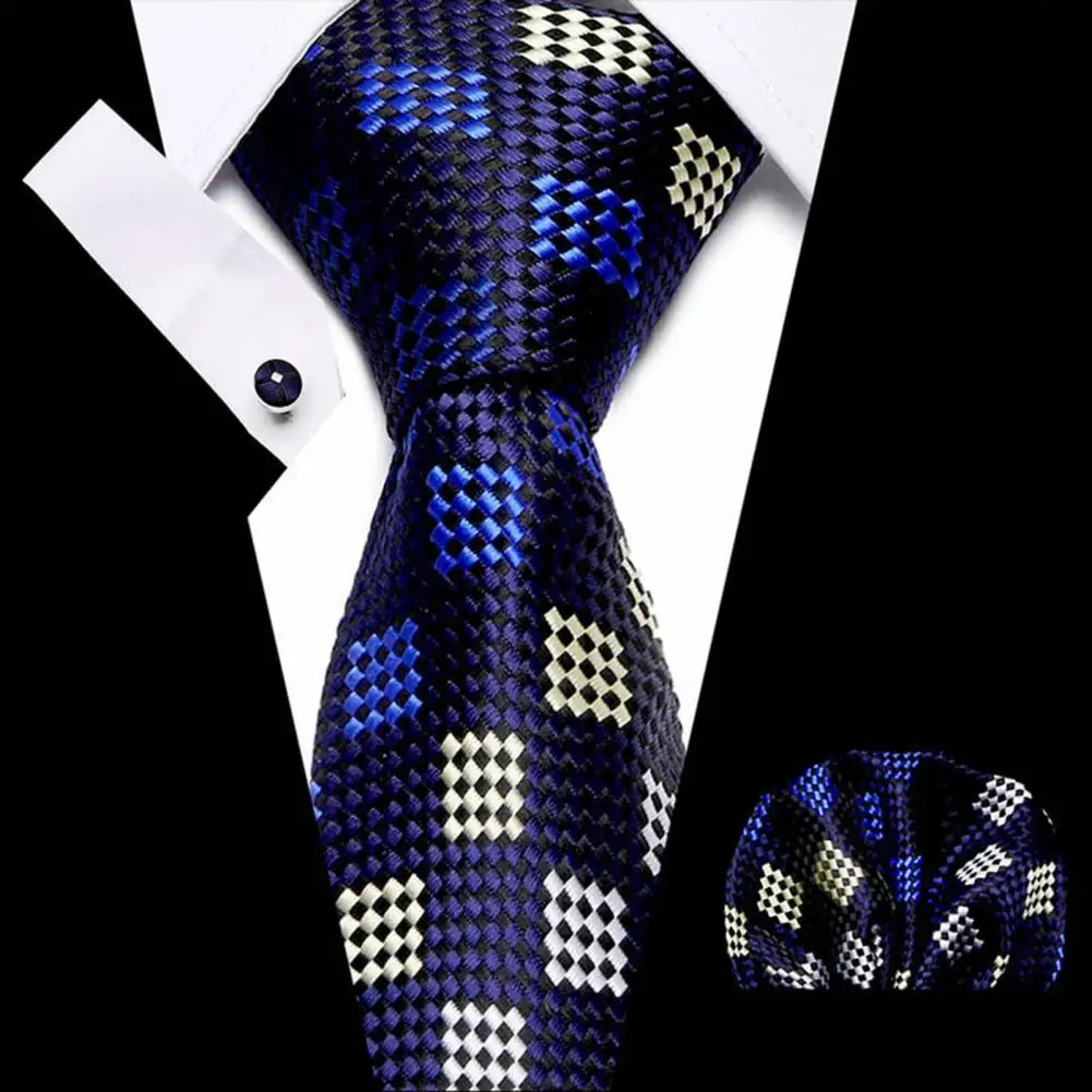 Tie Cufflink Pocket Square Set Plaid Print Striped Formal Business Wedding Groom Necktie Cufflink Set Match Shirt Suit Accessory