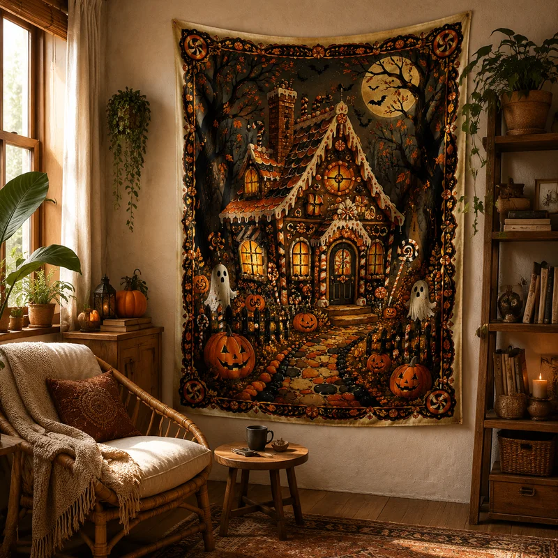 VIKAMA Witch's Cottage Tapestry, Vintage Haunted House Dark Living Room Dorm Decor, Aesthetic Photography Backdrop