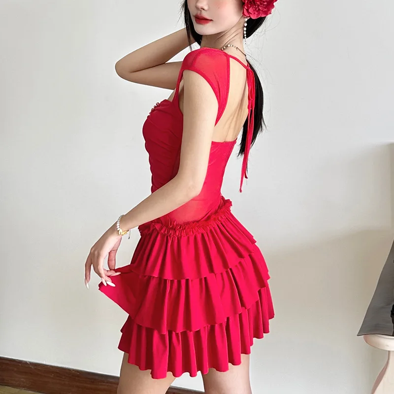 2025, novedad de verano, vestido de mujer de estilo europeo y americano, falda tutú con volantes Retro francés de Color sólido, vestido ceñido a la cintura