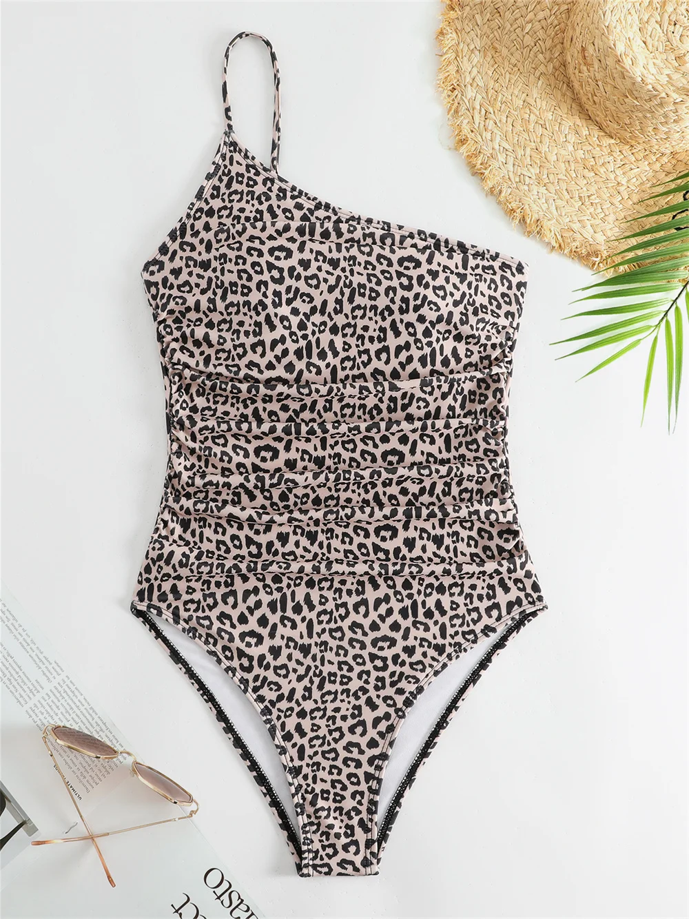 Sexy Sling Leopard Bikini Swimsuit One-piece Pleated Bikinis Sets Vacation Swimwear Women Beach Swim Outfit Bathing Suit Biquini
