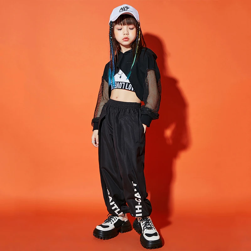 Modern Jazz Dance Clothes Girls Hooded Crop Tops Pants Hip Hop Kids Concert Performance Costume Black/White Kpop Outfit BL8874